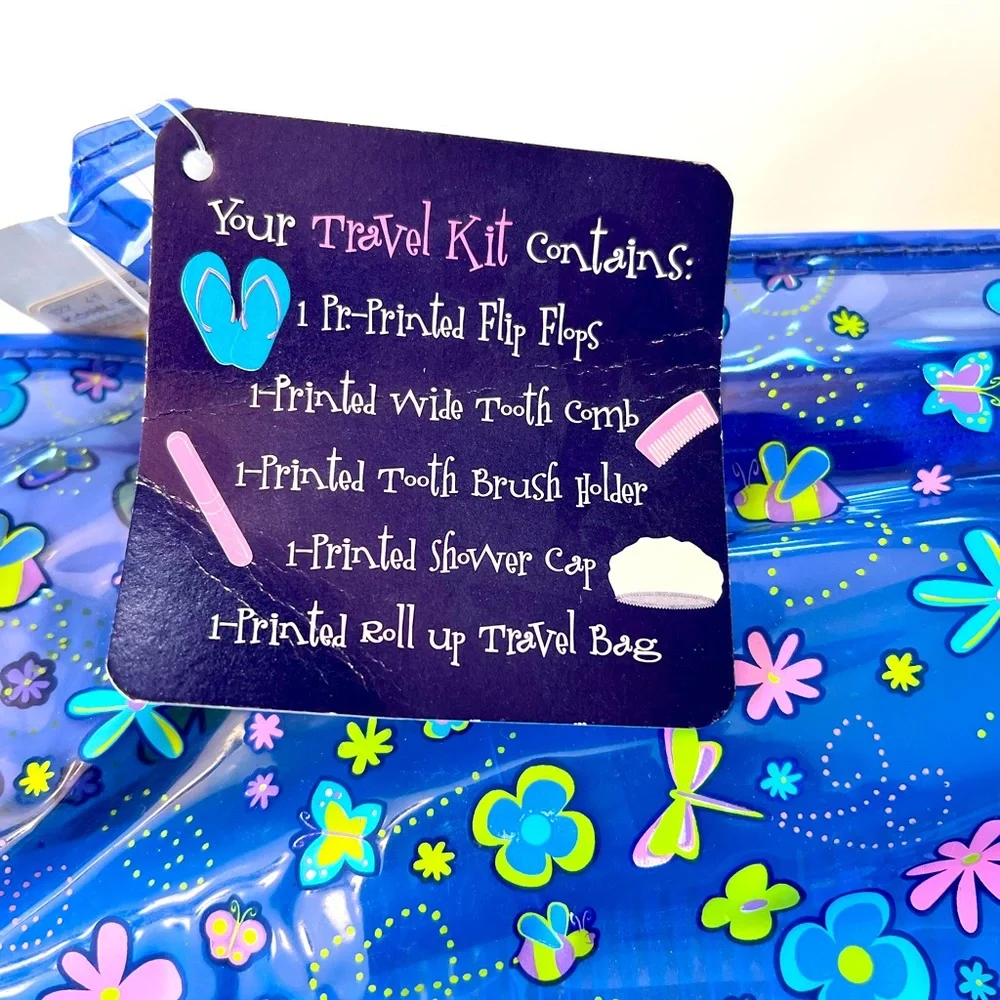 Tweens Roll Up Fun Blue Floral Toiletry Bag with Flip Flops! Brand New with Tags